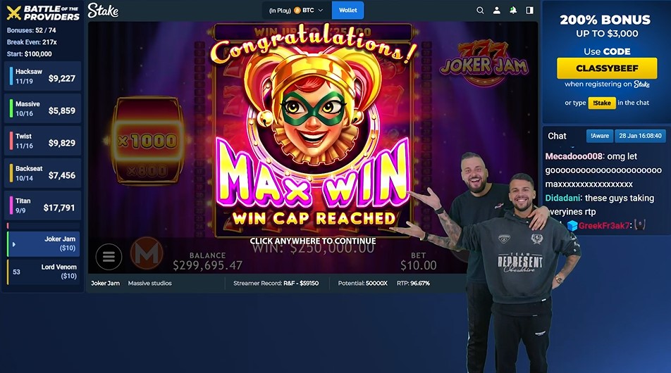 ClassyBeef Hits Max Win on Joker Jam Slot – $10 Bet Turns Into Nearly $250,000!